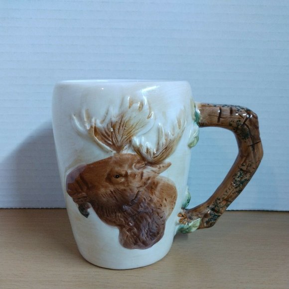 WCL X- Large Cup Mug 3d Moose Head Cream color.  Leaves,  Branch, never used. - Picture 1 of 4